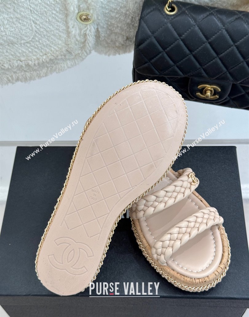 Chanel Woven Calfskin Wedge Slides Sandal 7cm with Chain Light Pink 2025 CH030401 (MD-250304007)