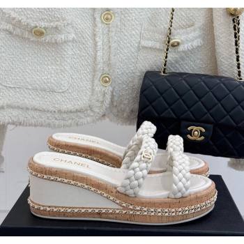 Chanel Woven Calfskin Wedge Slides Sandal 7cm with Chain White 2025 CH030401 (MD-250304008)
