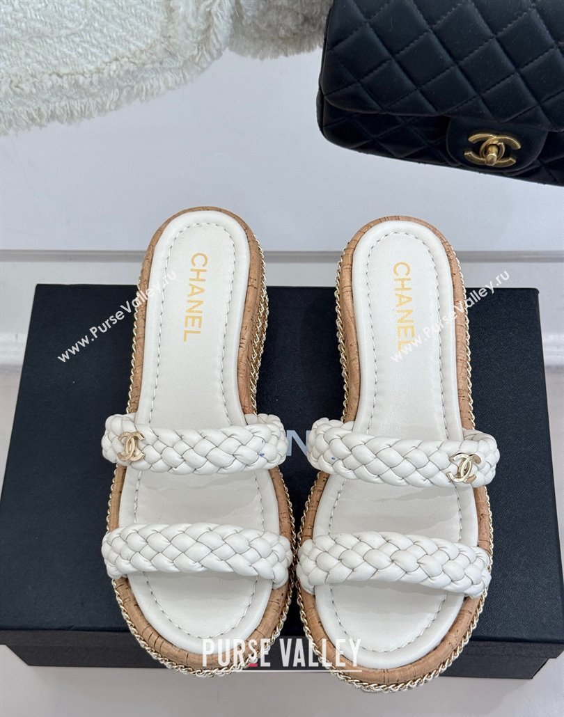 Chanel Woven Calfskin Wedge Slides Sandal 7cm with Chain White 2025 CH030401 (MD-250304008)