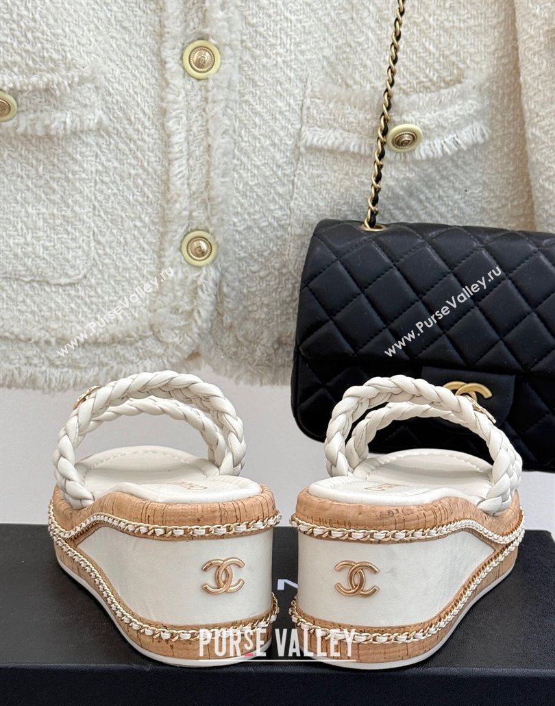Chanel Woven Calfskin Wedge Slides Sandal 7cm with Chain White 2025 CH030401 (MD-250304008)