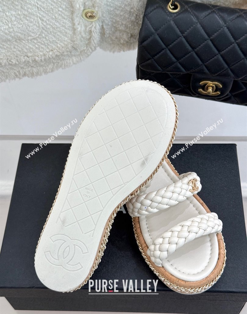 Chanel Woven Calfskin Wedge Slides Sandal 7cm with Chain White 2025 CH030401 (MD-250304008)