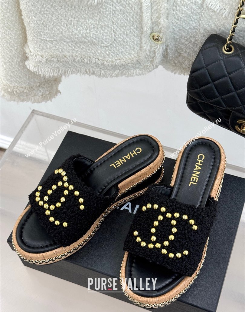 Chanel Tweed Wedge Slides Sandal 7cm with Chain and Stud CC Black 2025 CH030401 (MD-250304009)