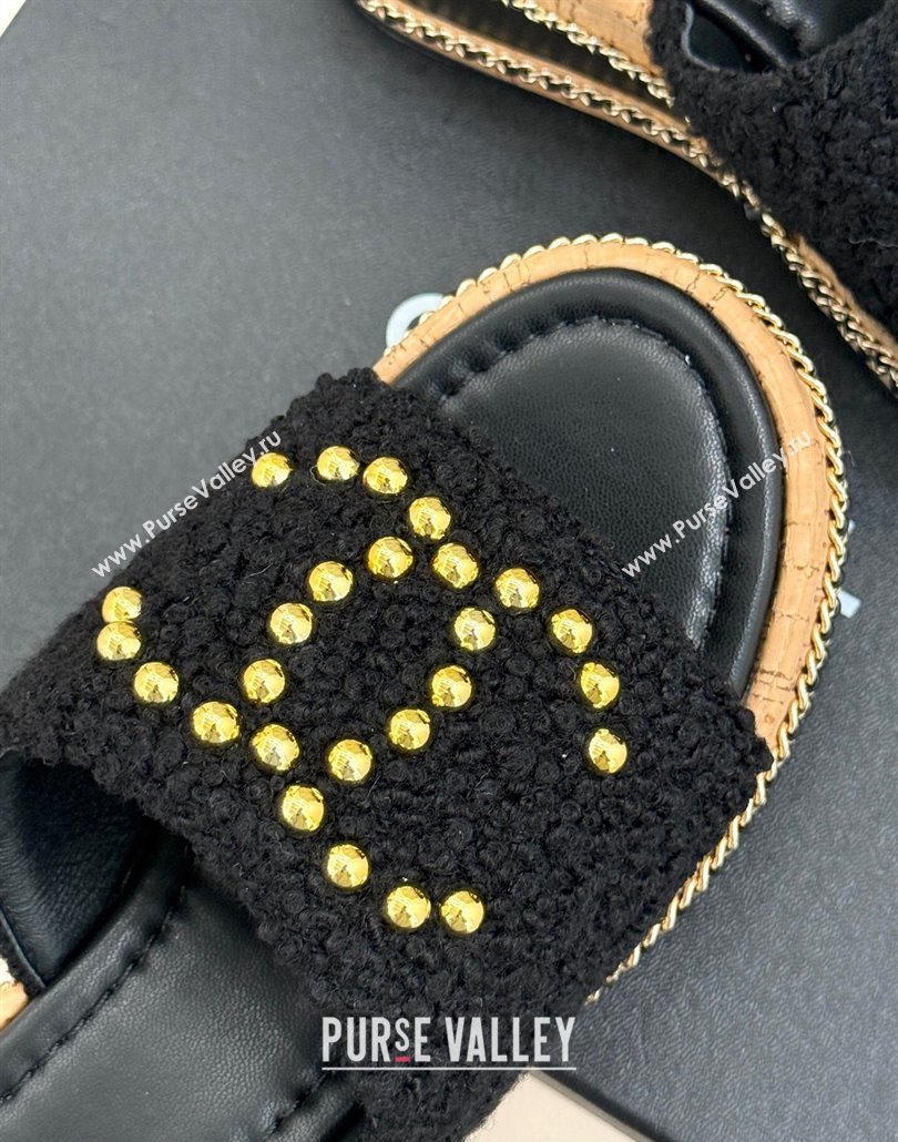 Chanel Tweed Wedge Slides Sandal 7cm with Chain and Stud CC Black 2025 CH030401 (MD-250304009)