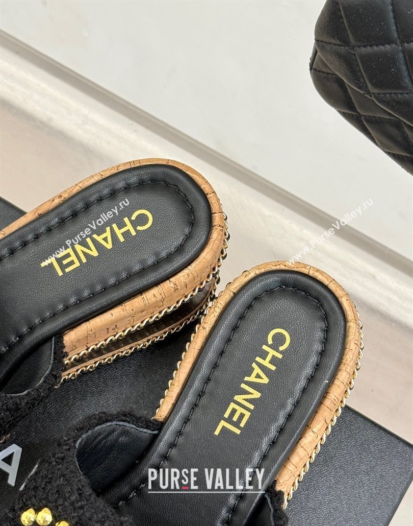 Chanel Tweed Wedge Slides Sandal 7cm with Chain and Stud CC Black 2025 CH030401 (MD-250304009)