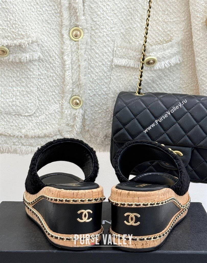 Chanel Tweed Wedge Slides Sandal 7cm with Chain and Stud CC Black 2025 CH030401 (MD-250304009)