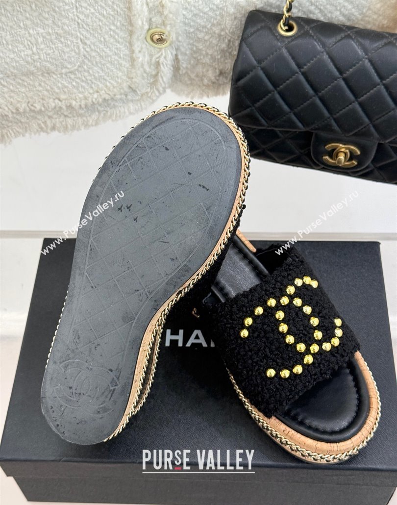 Chanel Tweed Wedge Slides Sandal 7cm with Chain and Stud CC Black 2025 CH030401 (MD-250304009)