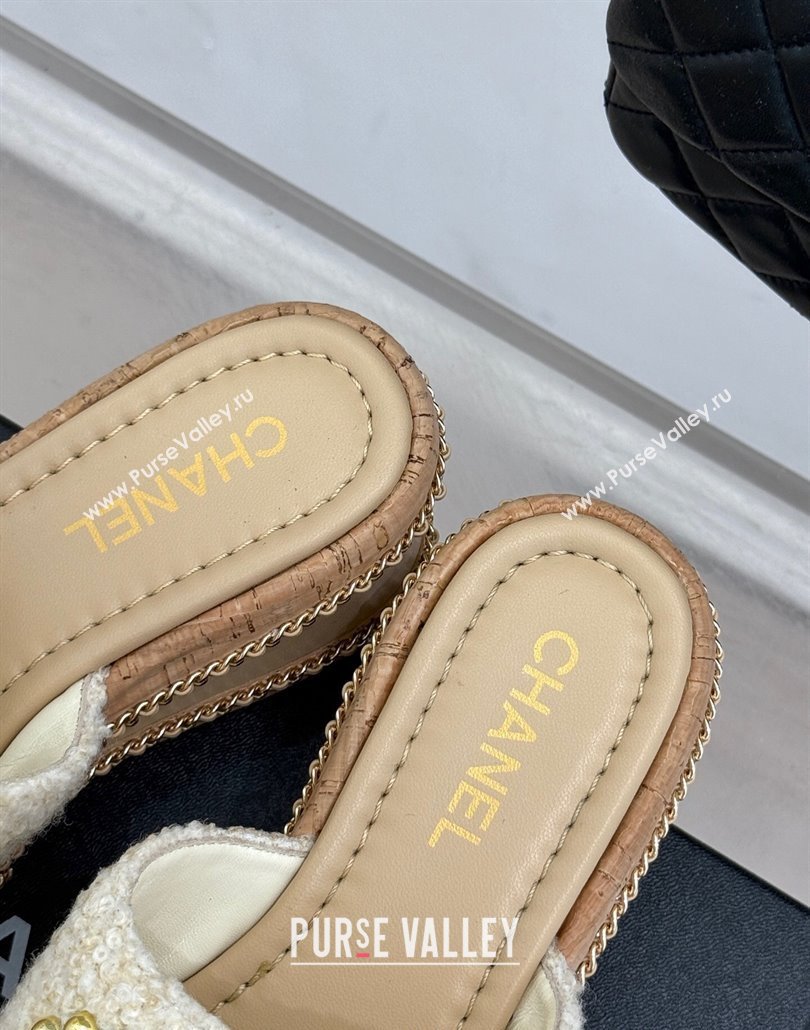 Chanel Tweed Wedge Slides Sandal 7cm with Chain and Stud CC Beige 2025 CH030401 (MD-250304010)