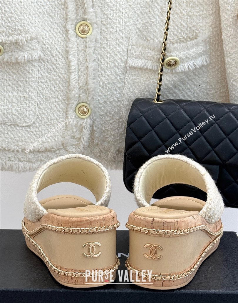 Chanel Tweed Wedge Slides Sandal 7cm with Chain and Stud CC Beige 2025 CH030401 (MD-250304010)
