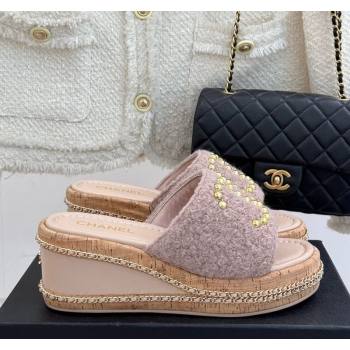 Chanel Tweed Wedge Slides Sandal 7cm with Chain and Stud CC Pink 2025 CH030401 (MD-250304011)