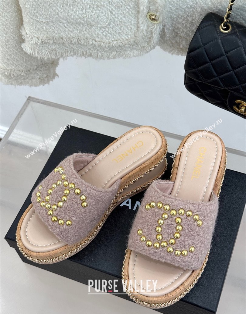 Chanel Tweed Wedge Slides Sandal 7cm with Chain and Stud CC Pink 2025 CH030401 (MD-250304011)