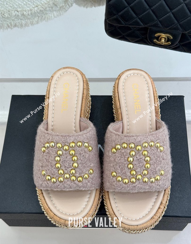 Chanel Tweed Wedge Slides Sandal 7cm with Chain and Stud CC Pink 2025 CH030401 (MD-250304011)