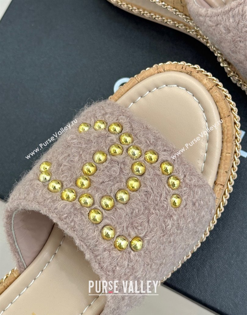 Chanel Tweed Wedge Slides Sandal 7cm with Chain and Stud CC Pink 2025 CH030401 (MD-250304011)