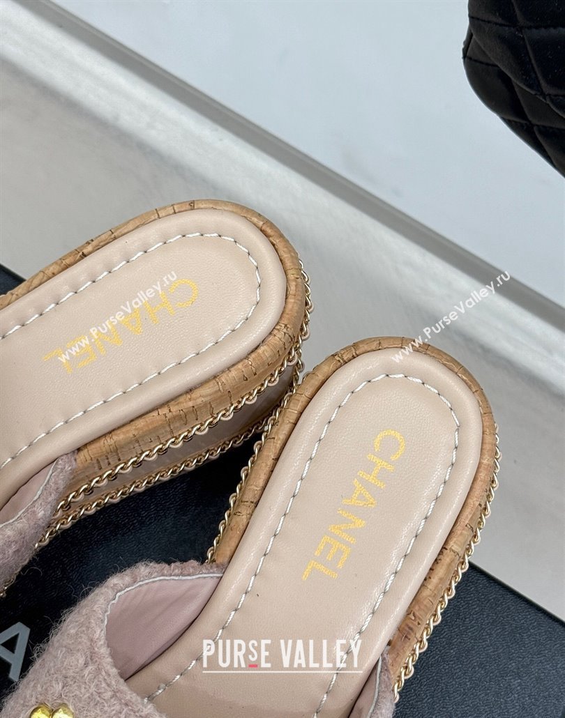 Chanel Tweed Wedge Slides Sandal 7cm with Chain and Stud CC Pink 2025 CH030401 (MD-250304011)