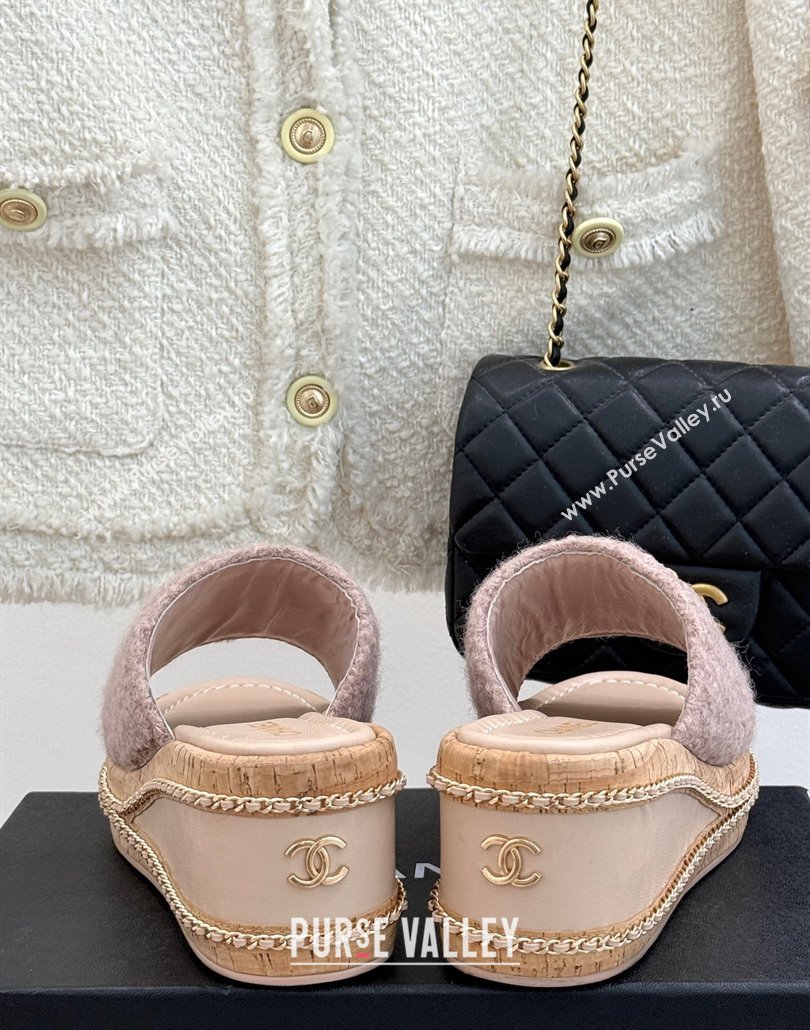 Chanel Tweed Wedge Slides Sandal 7cm with Chain and Stud CC Pink 2025 CH030401 (MD-250304011)