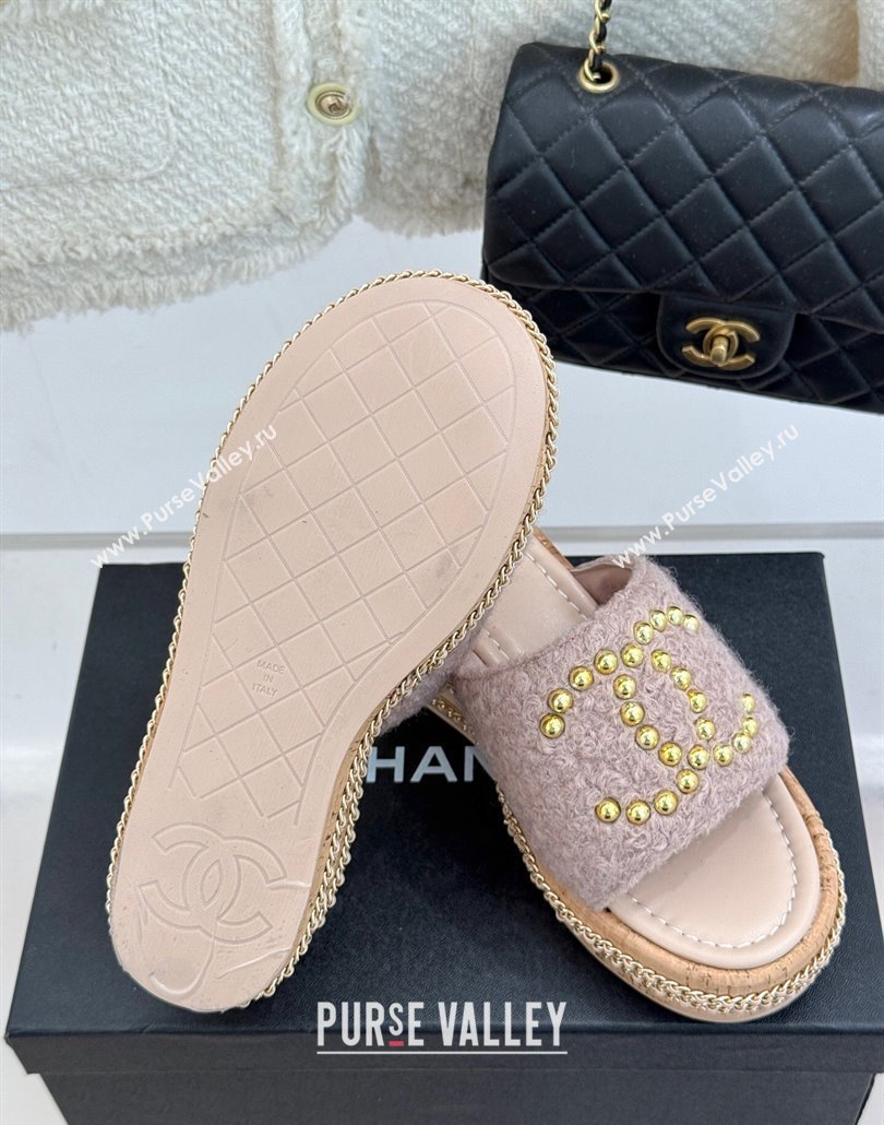Chanel Tweed Wedge Slides Sandal 7cm with Chain and Stud CC Pink 2025 CH030401 (MD-250304011)