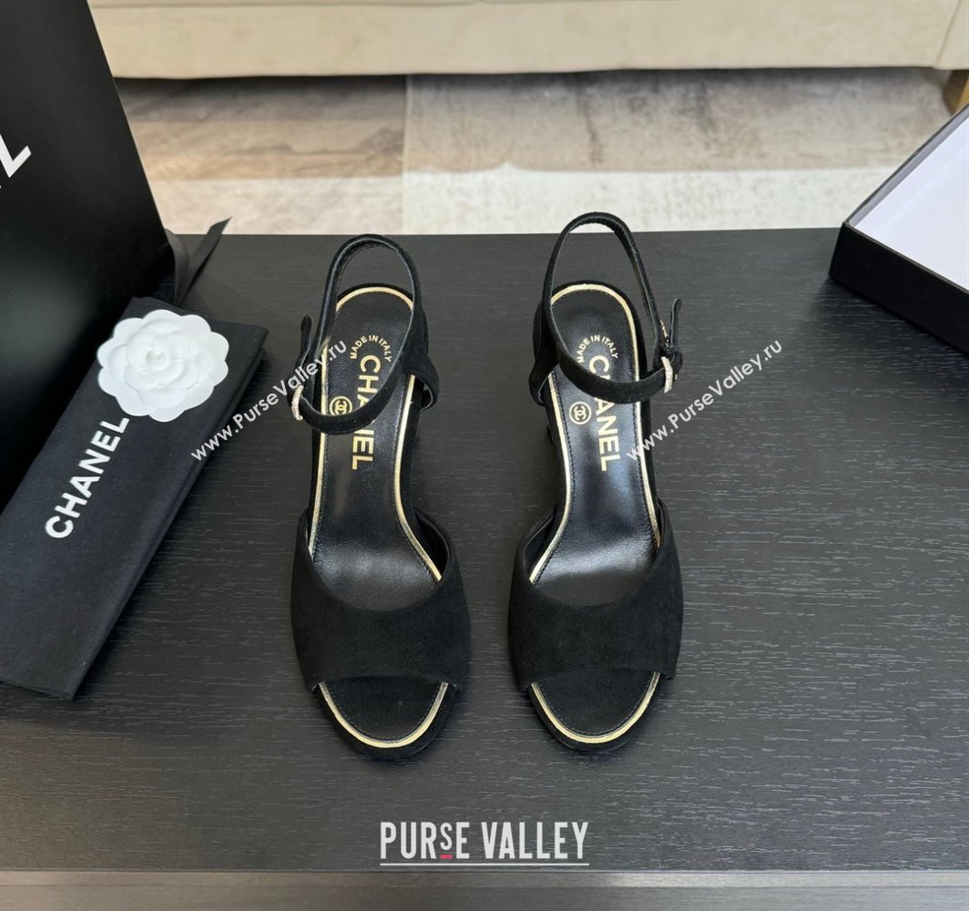 Chanel Suede Heel Sandals 8cm with Strass and Pearls Black 2025 CH030410 (MD-250304134)