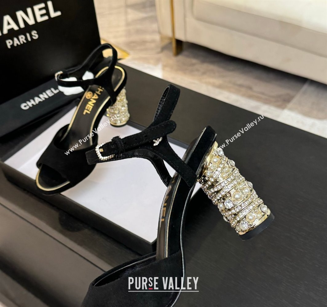 Chanel Suede Heel Sandals 8cm with Strass and Pearls Black 2025 CH030410 (MD-250304134)