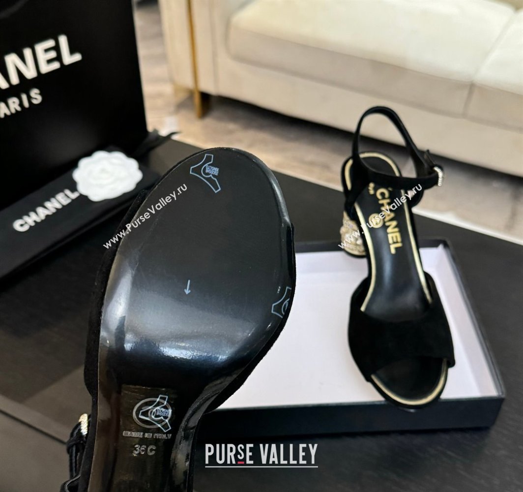 Chanel Suede Heel Sandals 8cm with Strass and Pearls Black 2025 CH030410 (MD-250304134)