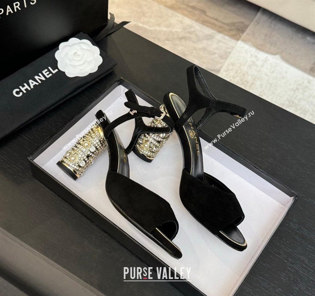 Chanel Suede Heel Sandals 8cm with Strass and Pearls Black 2025 CH030410 (MD-250304134)