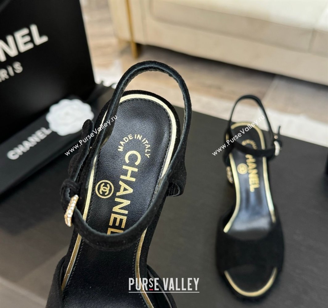 Chanel Suede Heel Sandals 8cm with Strass and Pearls Black 2025 CH030410 (MD-250304134)