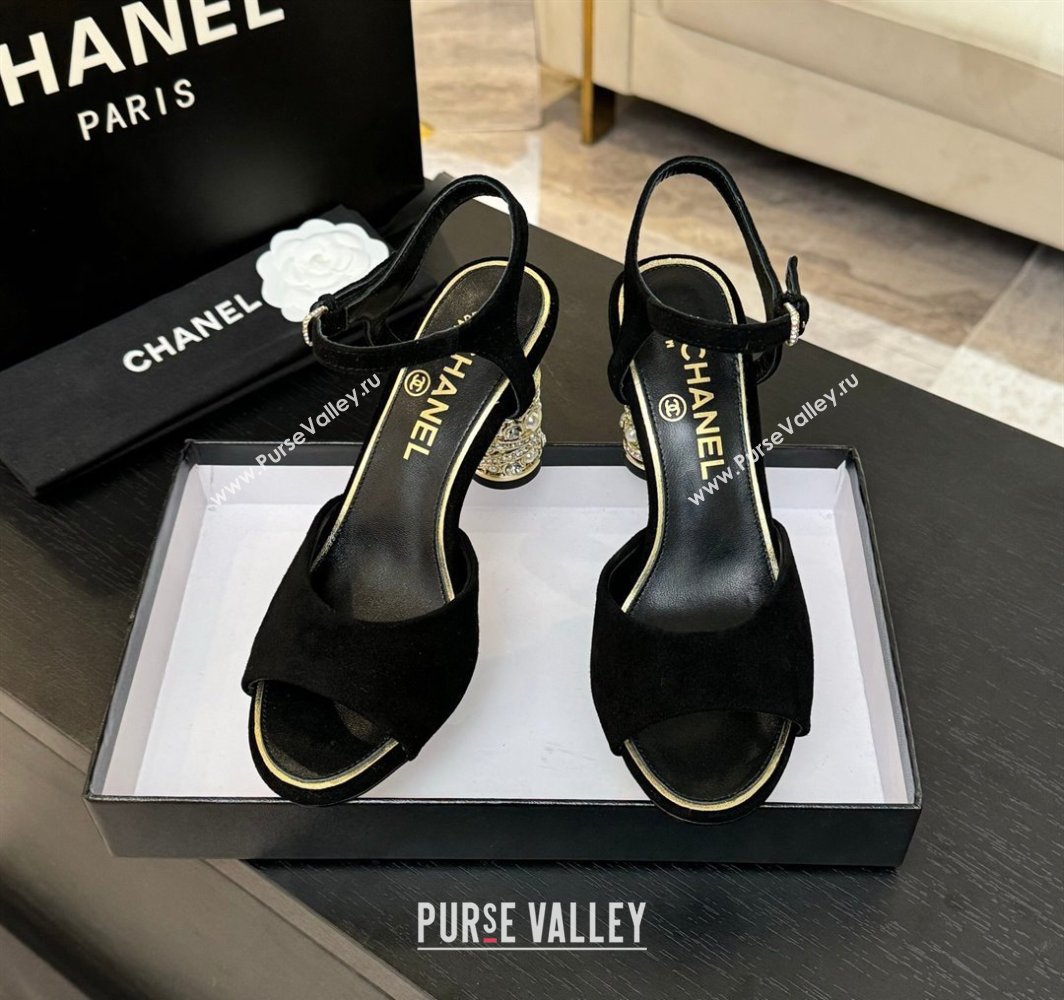 Chanel Suede Heel Sandals 8cm with Strass and Pearls Black 2025 CH030410 (MD-250304134)