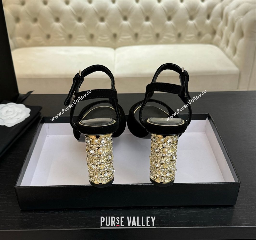 Chanel Suede Heel Sandals 8cm with Strass and Pearls Black 2025 CH030410 (MD-250304134)