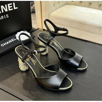 Chanel Oil Calf Leather Heel Sandals 8cm with Strass and Pearls Black 2025 CH030410 (MD-250304135)