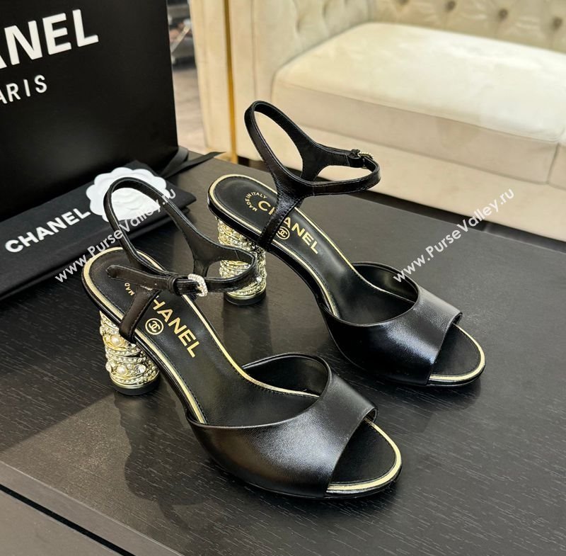 Chanel Oil Calf Leather Heel Sandals 8cm with Strass and Pearls Black 2025 CH030410 (MD-250304135)