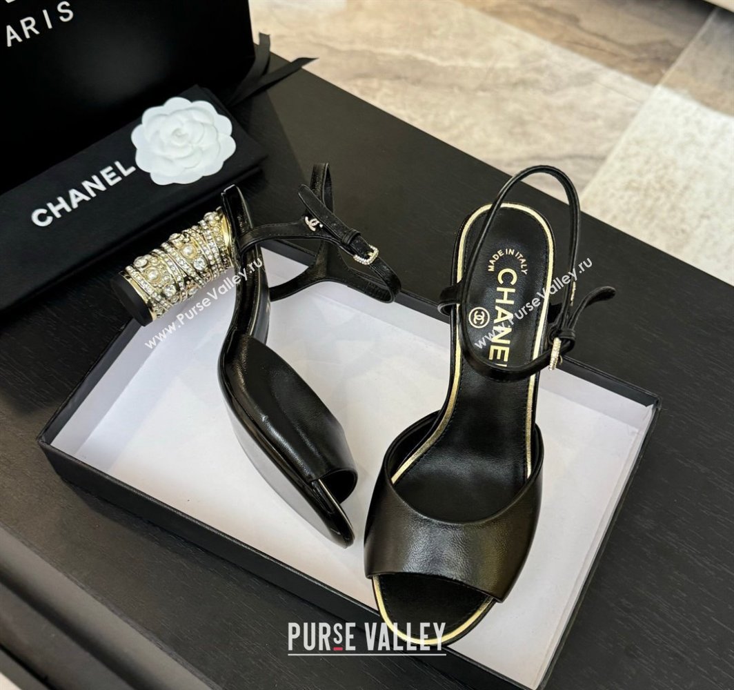 Chanel Oil Calf Leather Heel Sandals 8cm with Strass and Pearls Black 2025 CH030410 (MD-250304135)