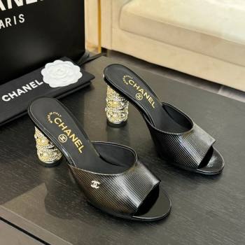 Chanel Embossed Leather Heel Sandals 8.5cm with Strass and Pearls Black 2025 CH030410 (MD-250304136)