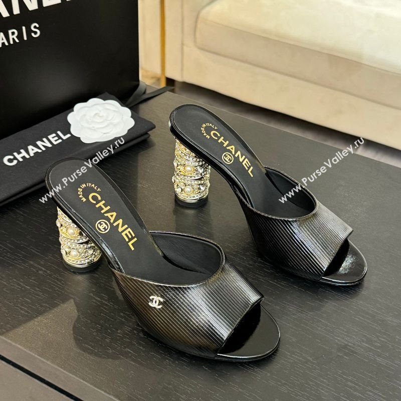 Chanel Embossed Leather Heel Sandals 8.5cm with Strass and Pearls Black 2025 CH030410 (MD-250304136)