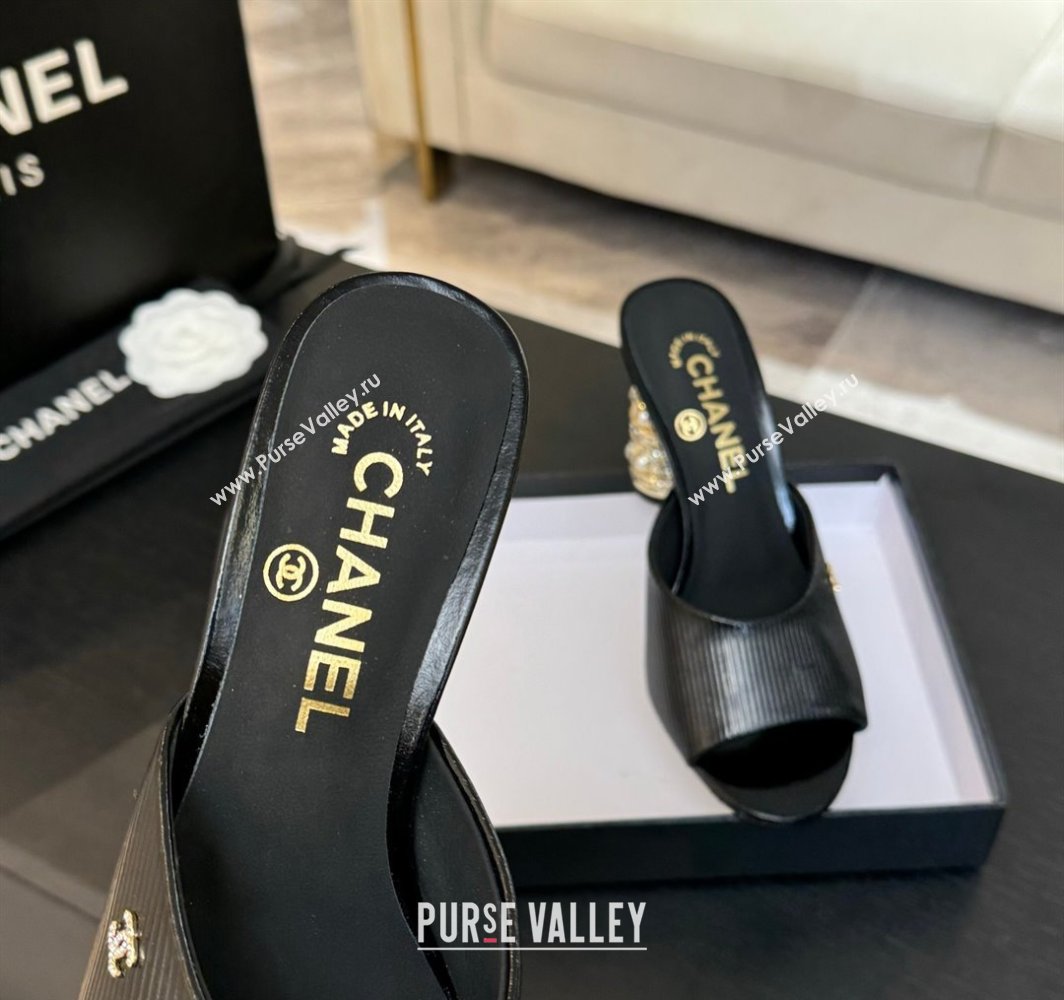 Chanel Embossed Leather Heel Sandals 8.5cm with Strass and Pearls Black 2025 CH030410 (MD-250304136)