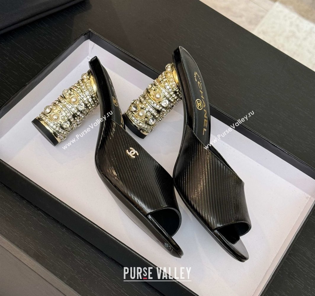 Chanel Embossed Leather Heel Sandals 8.5cm with Strass and Pearls Black 2025 CH030410 (MD-250304136)