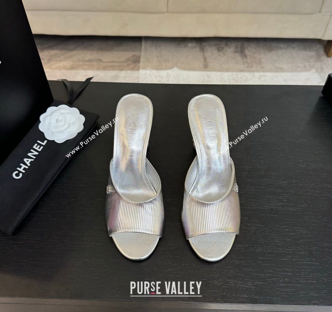 Chanel Embossed Leather Heel Sandals 8.5cm with Strass and Pearls Silver 2025 CH030410 (MD-250304137)