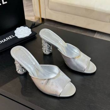 Chanel Embossed Leather Heel Sandals 8.5cm with Strass and Pearls Silver 2025 CH030410 (MD-250304137)