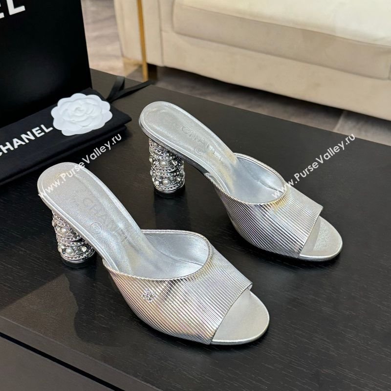 Chanel Embossed Leather Heel Sandals 8.5cm with Strass and Pearls Silver 2025 CH030410 (MD-250304137)