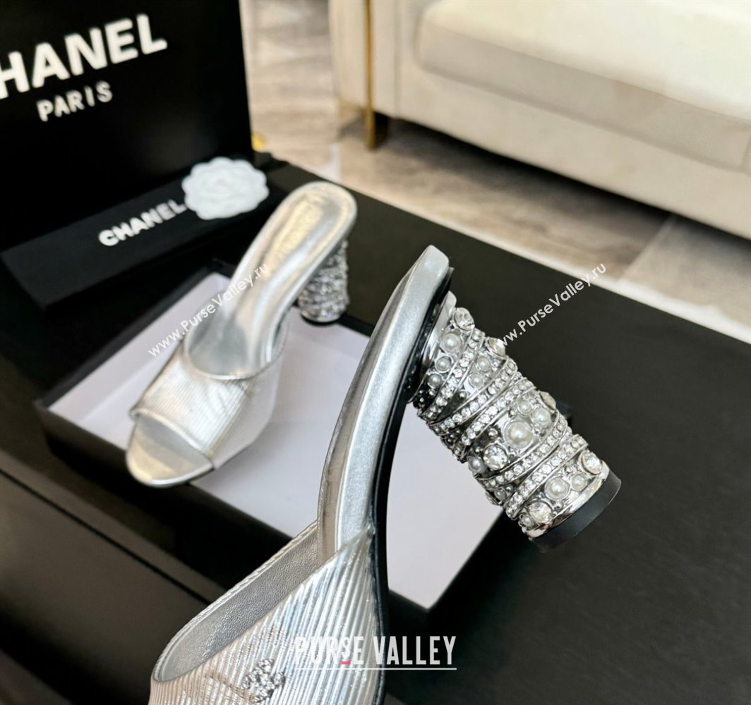 Chanel Embossed Leather Heel Sandals 8.5cm with Strass and Pearls Silver 2025 CH030410 (MD-250304137)