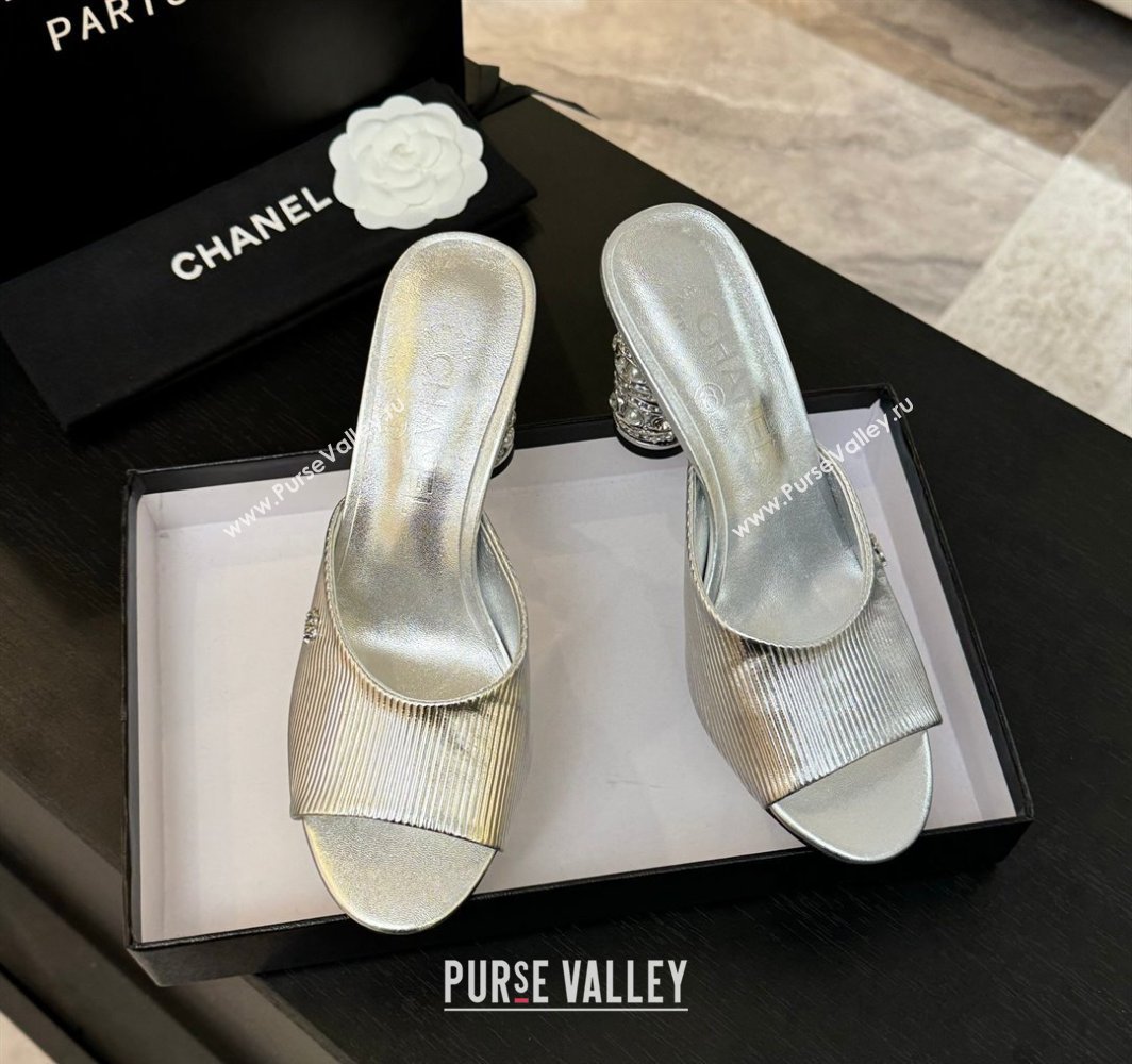 Chanel Embossed Leather Heel Sandals 8.5cm with Strass and Pearls Silver 2025 CH030410 (MD-250304137)