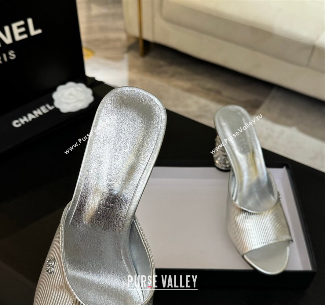 Chanel Embossed Leather Heel Sandals 8.5cm with Strass and Pearls Silver 2025 CH030410 (MD-250304137)