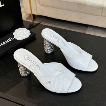 Chanel Embossed Leather Heel Sandals 8.5cm with Strass and Pearls White 2025 CH030410 (MD-250304139)