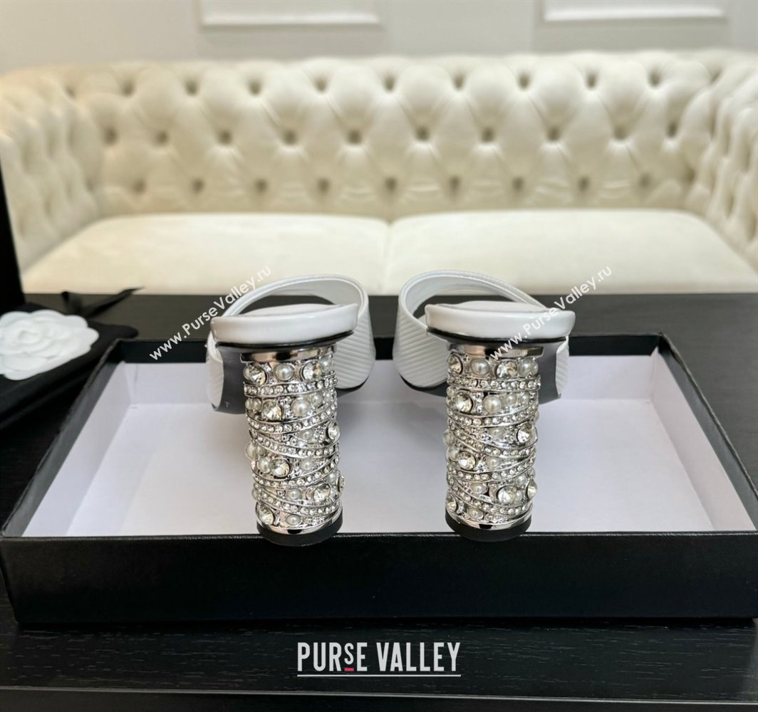 Chanel Embossed Leather Heel Sandals 8.5cm with Strass and Pearls White 2025 CH030410 (MD-250304139)