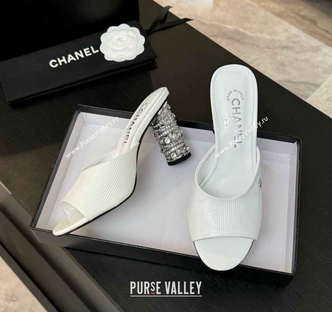 Chanel Embossed Leather Heel Sandals 8.5cm with Strass and Pearls White 2025 CH030410 (MD-250304139)