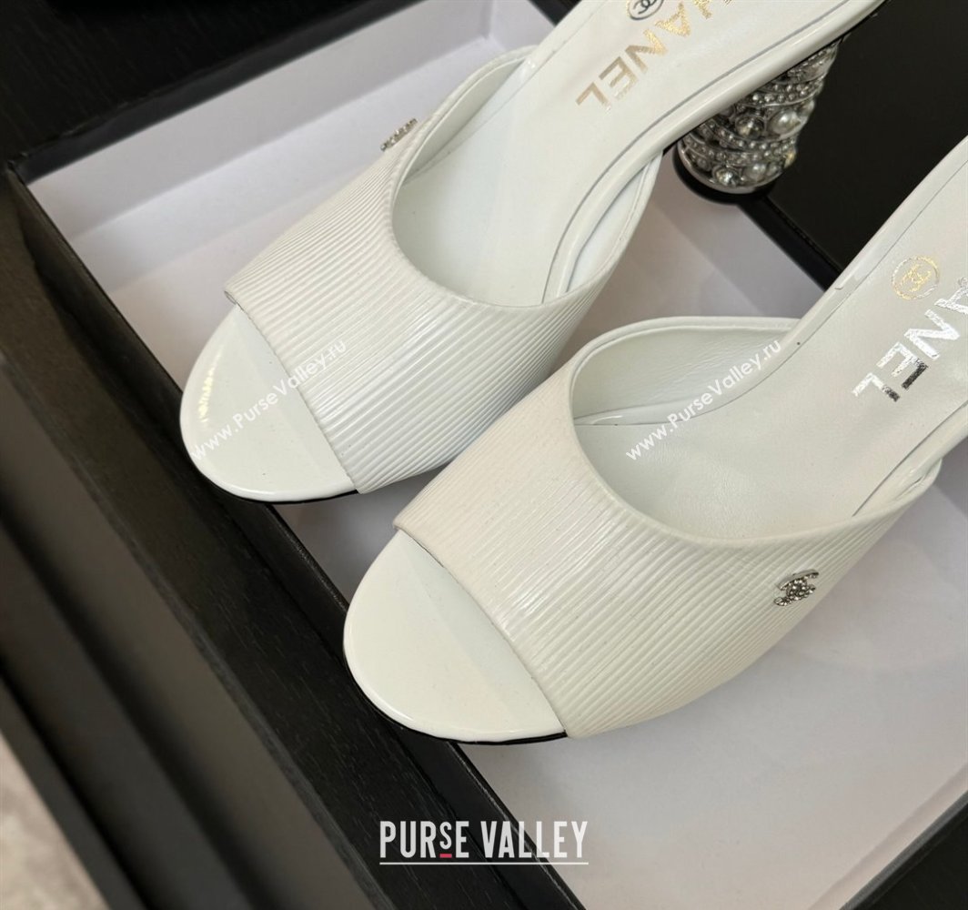 Chanel Embossed Leather Heel Sandals 8.5cm with Strass and Pearls White 2025 CH030410 (MD-250304139)