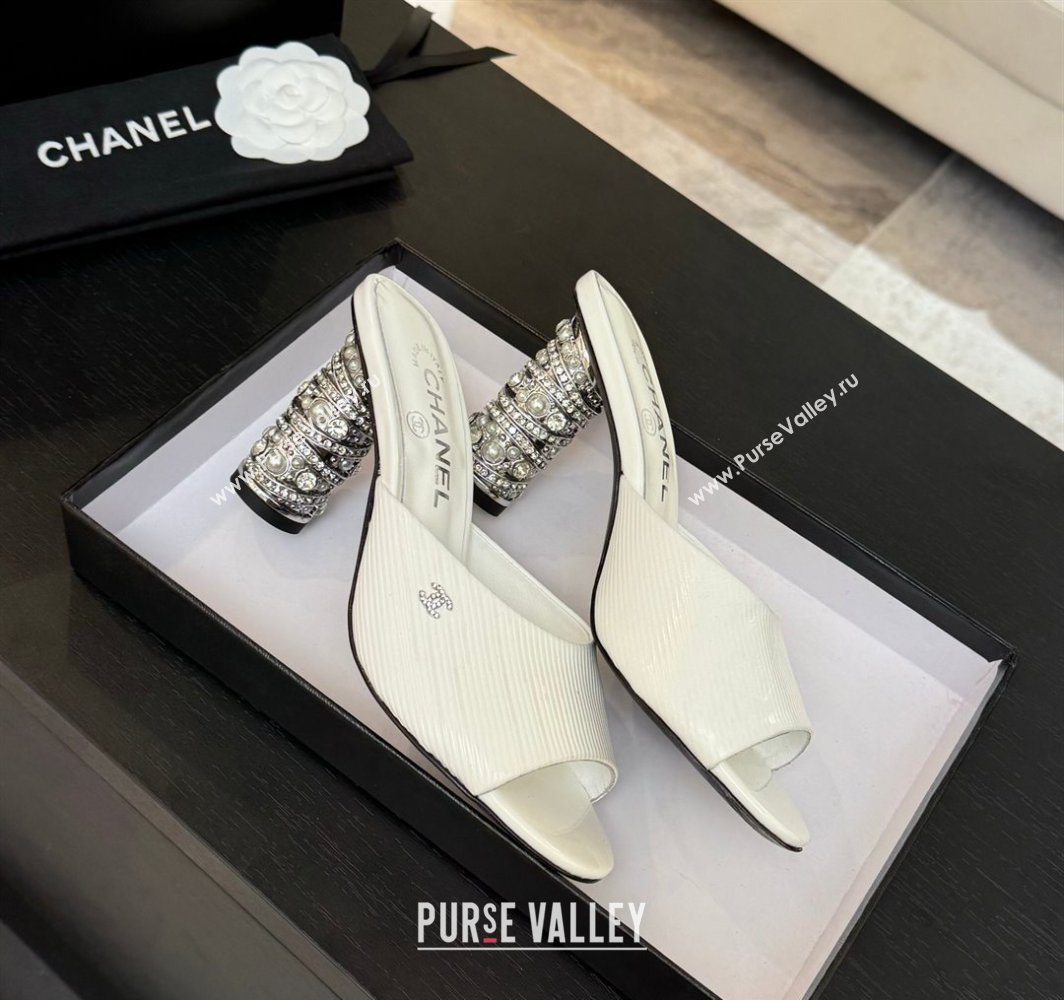 Chanel Embossed Leather Heel Sandals 8.5cm with Strass and Pearls White 2025 CH030410 (MD-250304139)