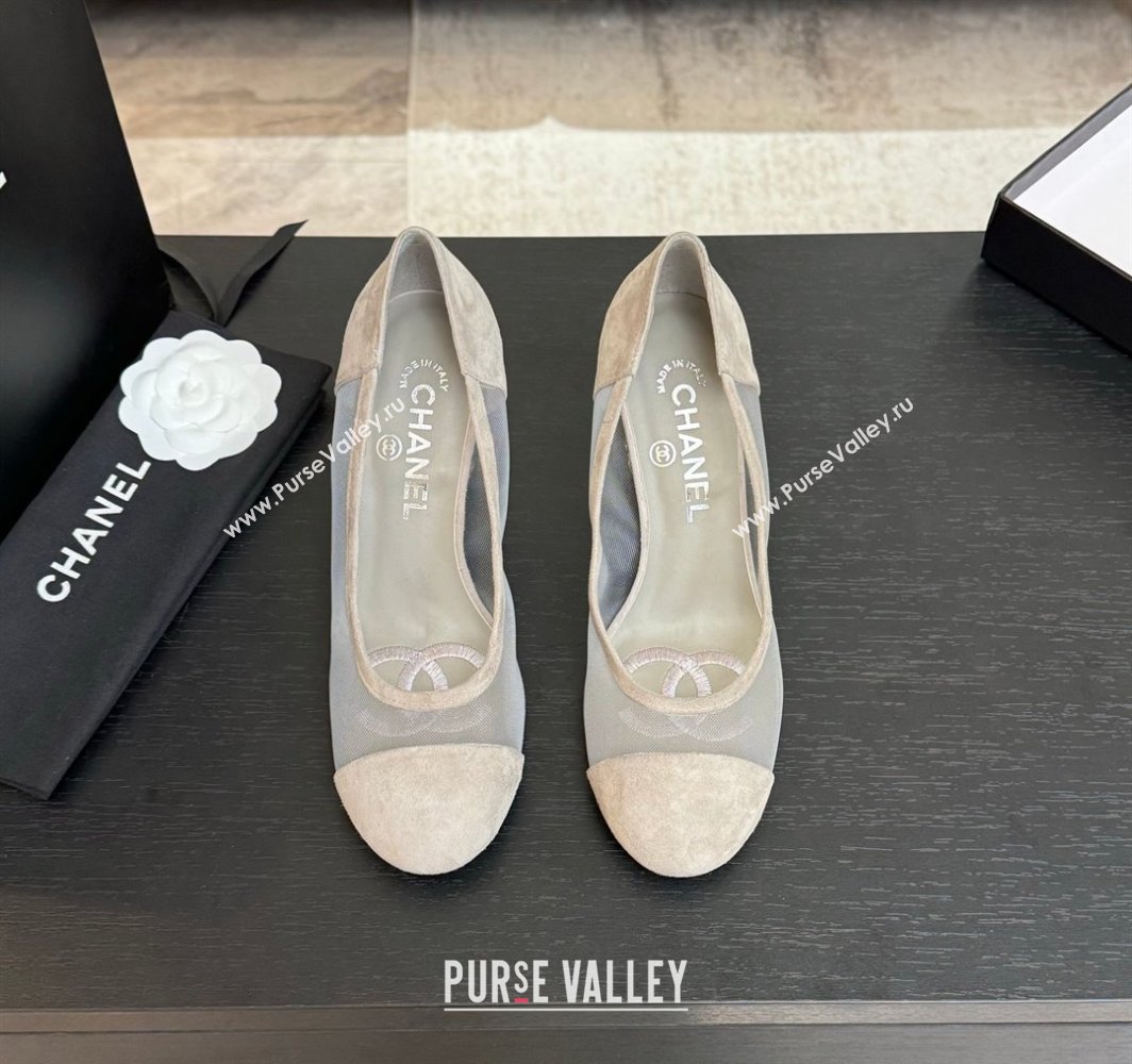 Chanel Suede Mesh Pumps 8.5cm with Strass and Pearls Grey 2025 CH030410 (MD-250304141)