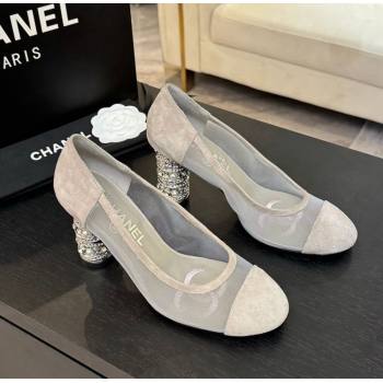 Chanel Suede Mesh Pumps 8.5cm with Strass and Pearls Grey 2025 CH030410 (MD-250304141)