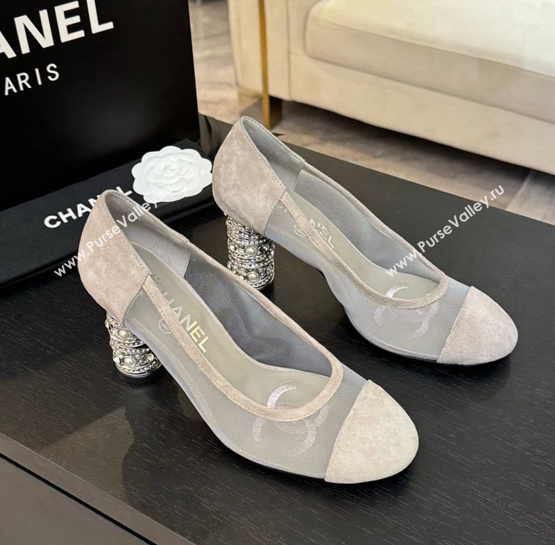 Chanel Suede Mesh Pumps 8.5cm with Strass and Pearls Grey 2025 CH030410 (MD-250304141)