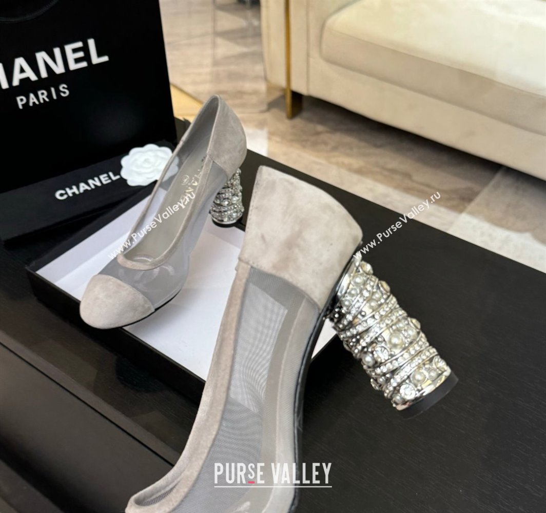 Chanel Suede Mesh Pumps 8.5cm with Strass and Pearls Grey 2025 CH030410 (MD-250304141)
