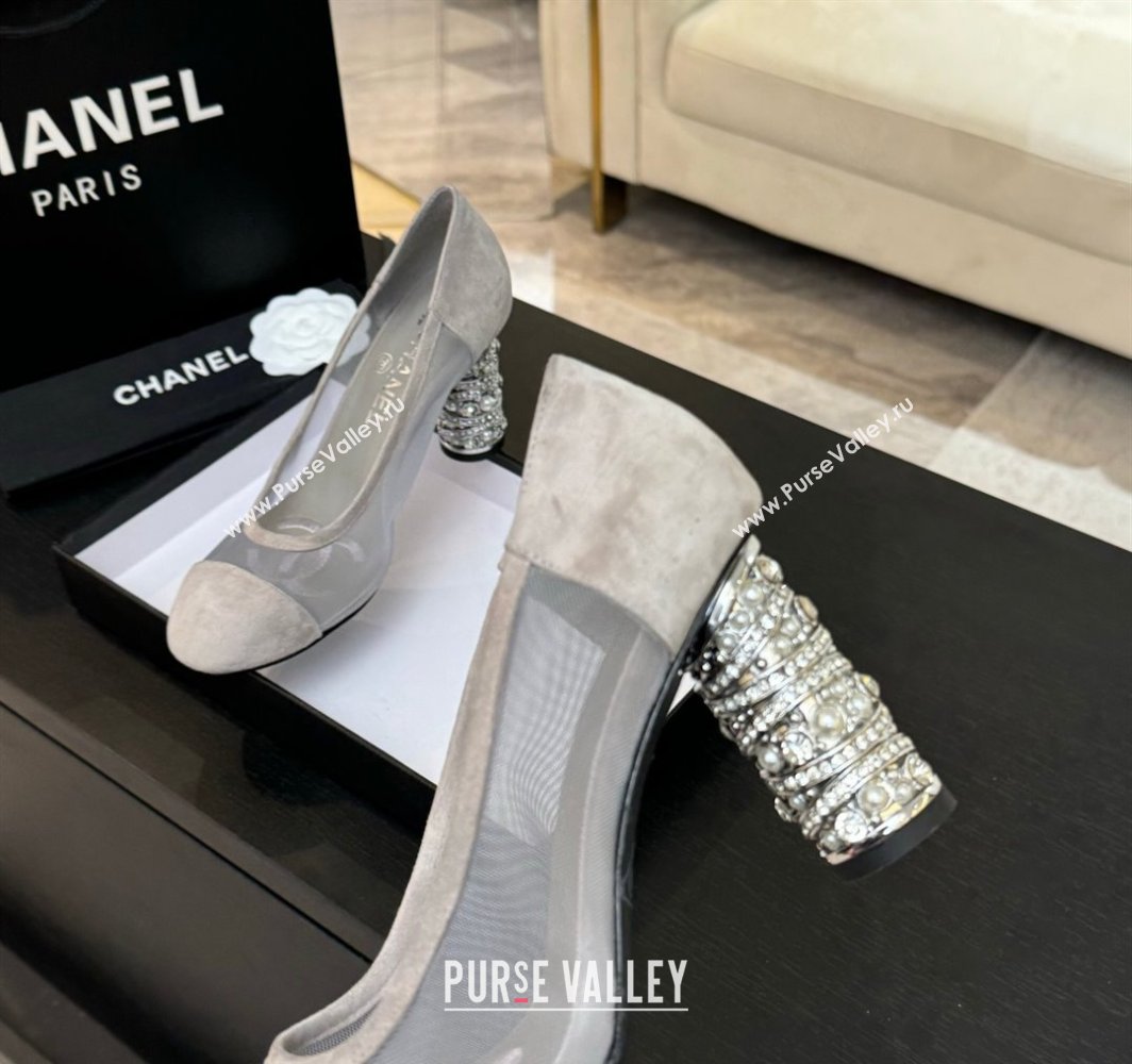 Chanel Suede Mesh Pumps 8.5cm with Strass and Pearls Grey 2025 CH030410 (MD-250304141)