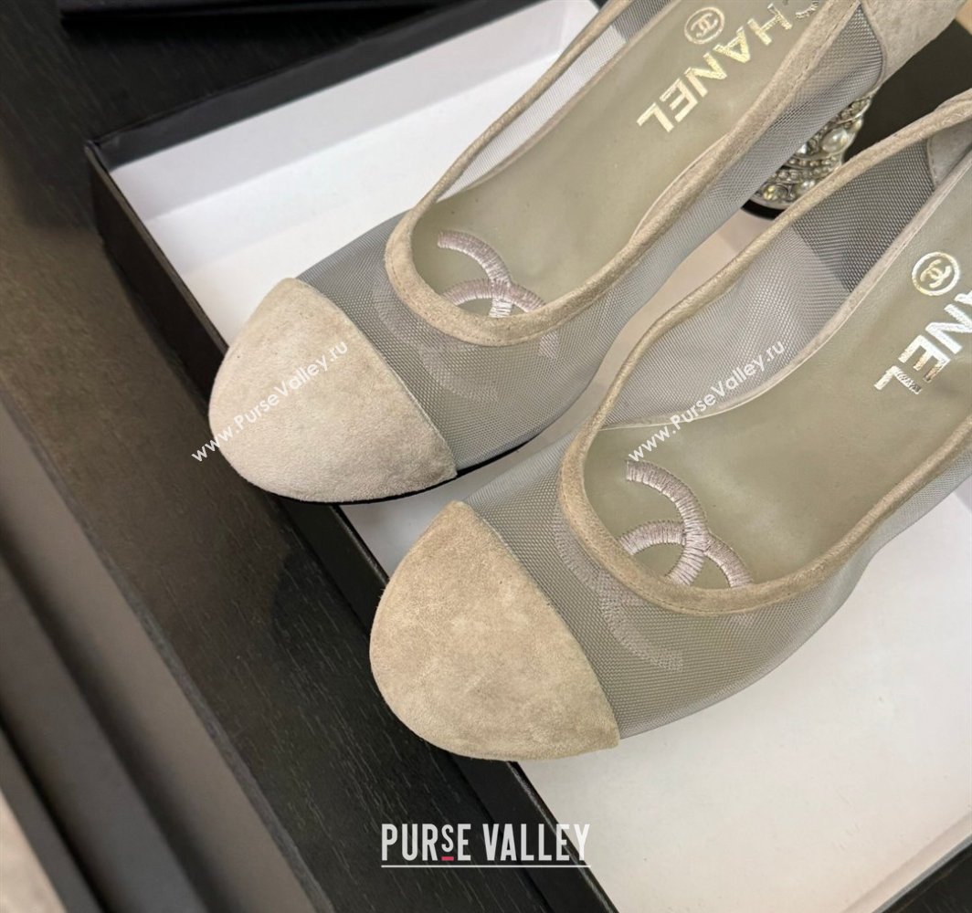Chanel Suede Mesh Pumps 8.5cm with Strass and Pearls Grey 2025 CH030410 (MD-250304141)